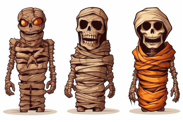 Spooky Halloween Stickers Mummies Isolated on White Background AI Generated