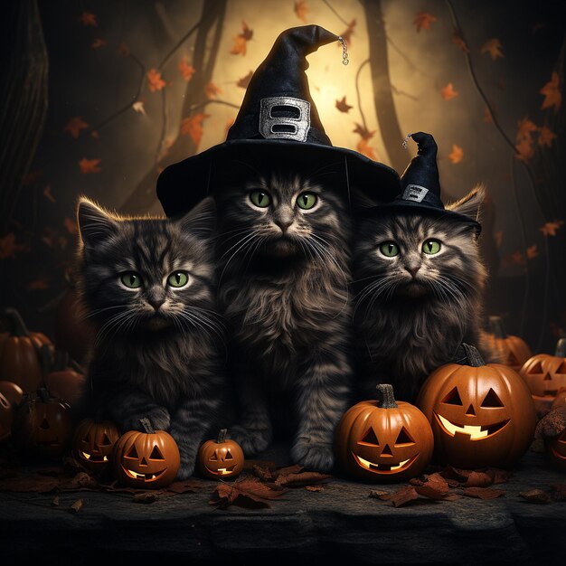 spooky halloween theme with cats wearing witch hats pumpkins