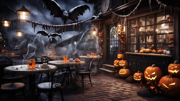 Spooky Halloween Themed Restaurant with Vibrant Pumpkins and Playful Bats Generative AI