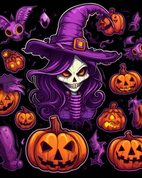 Photo spooky halloween vibes unleash the magic with clipart stickers and scary 2d line drawings of witc