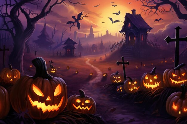 Spooky halloween village with jackolanterns and full moon digital illustration background