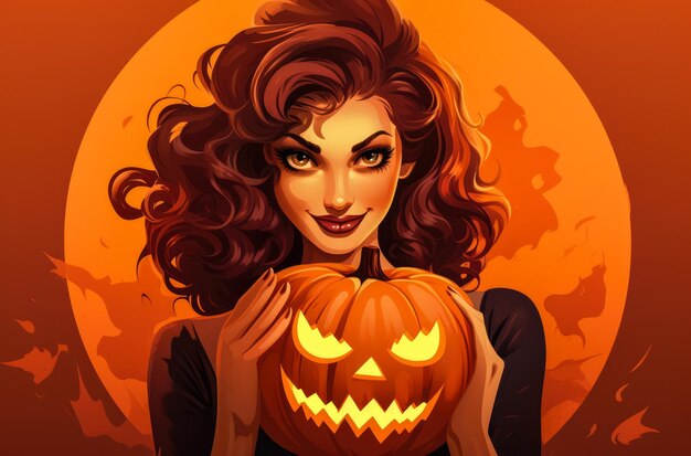 Spooky Halloween woman holding a pumpkin on her hands