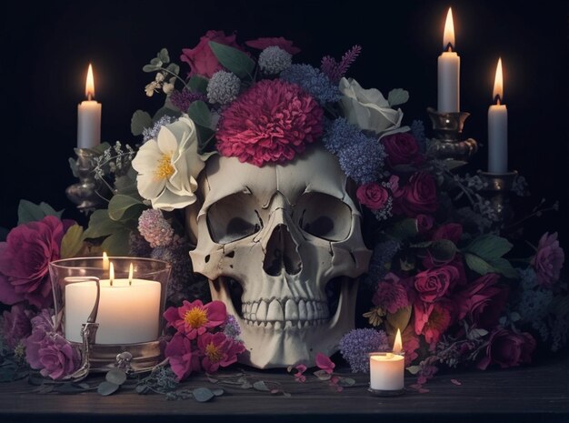 Foto una spaventosa composizione a tema di halloween con un teschio con un fiore in fiore in una cavità oculare circondato da ragnatele una candela bianca brucia nelle vicinanze proiettando ombre inquietanti sulle zucche nel retro buio