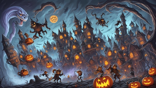 Foto spooky happy halloween castle cartoon illustratie achtergronden