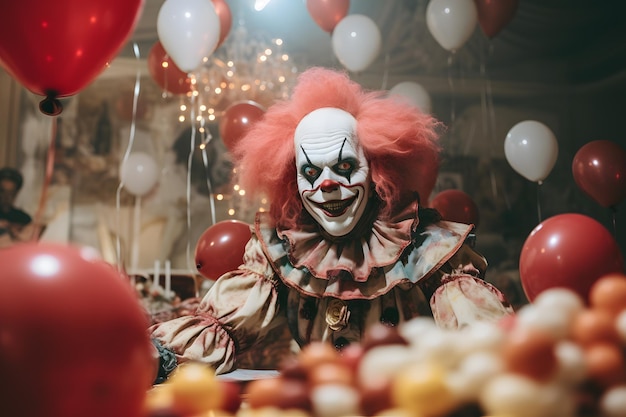 A spooky haunted carnival with creepy clowns and haunted houses