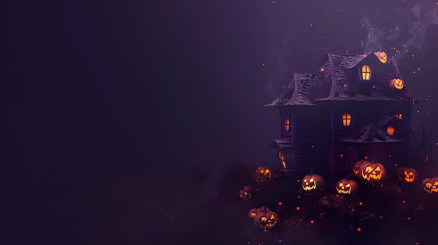 spooky haunted house with pumpkins halloween night