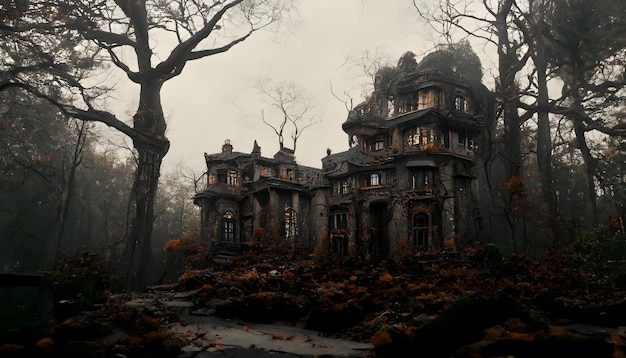 Spooky haunted mansion in black leafless forest neural network generated art