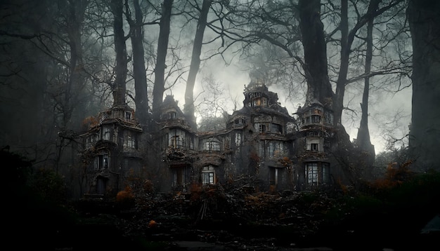 Spooky haunted mansion in black leafless forest neural network generated art