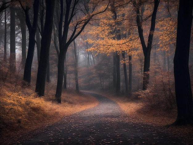 Spooky herfst bos donkere mysterie in verlaten landelijke scène ai gegenereerd