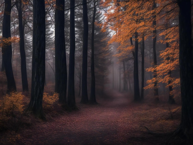 Spooky herfst bos donkere mysterie in verlaten landelijke scène ai gegenereerd