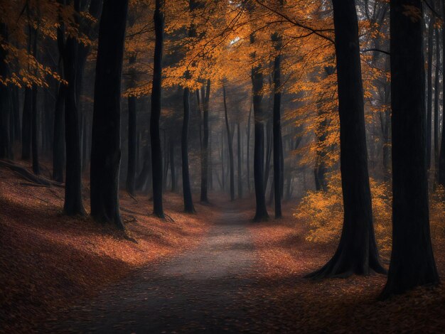 Spooky herfst bos donkere mysterie in verlaten landelijke scène ai gegenereerd