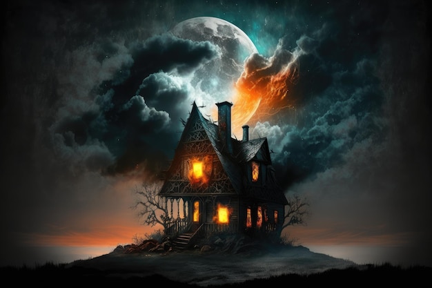 Spooky horror house against backdrop of black sky with glowing clouds and burning moon