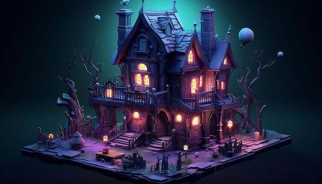 Spooky house 3d isometric C4D dreamy color palette Cyberpunk Art style Epic detail
