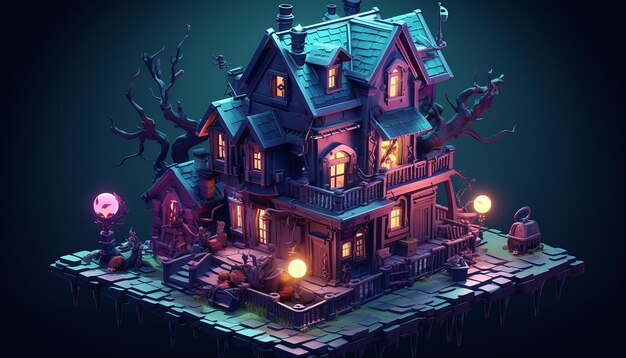 Spooky house 3d isometric C4D dreamy color palette Cyberpunk Art style Epic detail