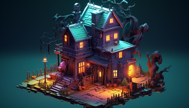 Spooky house 3d isometric c4d dreamy color palette cyberpunk art style epic detail