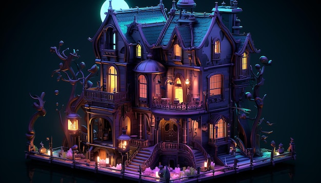 Spooky house 3d isometric C4D dreamy color palette Cyberpunk Art style Epic detail