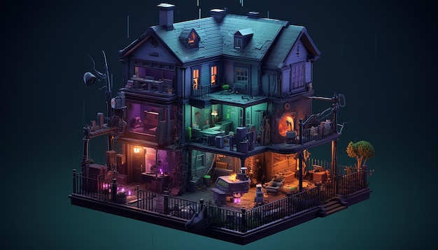 Spooky house 3d isometric c4d dreamy color palette cyberpunk art style epic detail