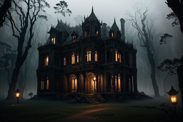 Spooky house in the forest with lights on