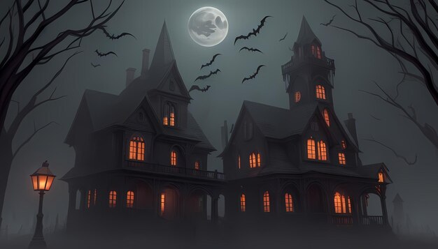 a spooky house with bats flying in the sky