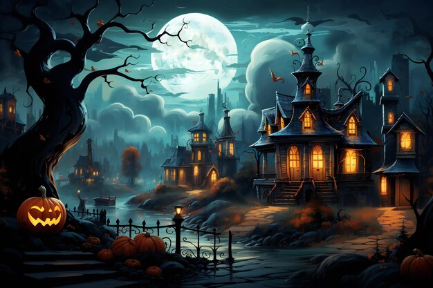 a spooky house with a full moon behind it.