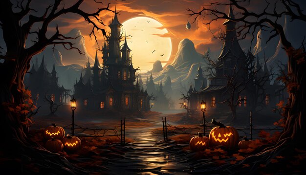 A spooky house with ghostly presence a pumpkin patch illuminated by the eerie glow of the full moon