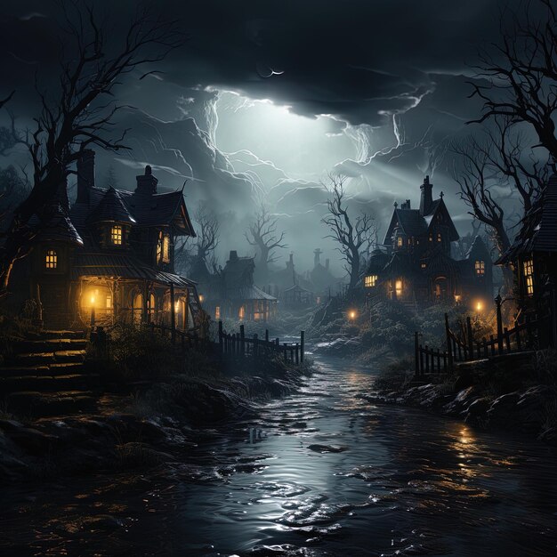 a spooky house with a lightning storm in the background
