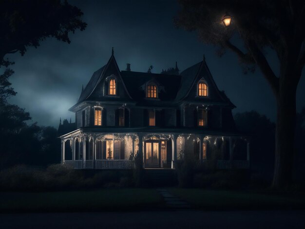 A spooky house with the lights on in the dark ai generated