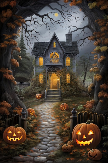 a spooky house with pumpkins on the front