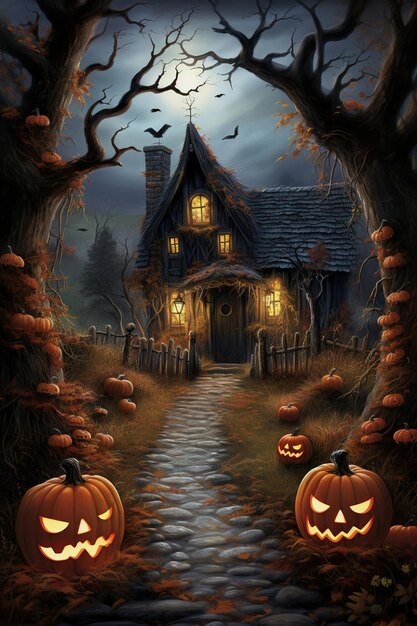 a spooky house with pumpkins on the front