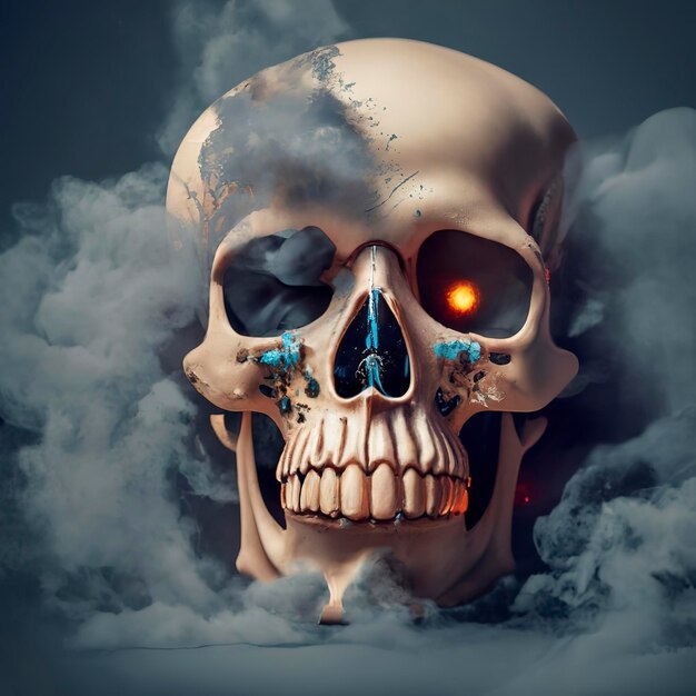 Spooky human skull with smoke