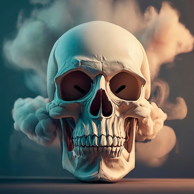 Spooky human skull with smoke