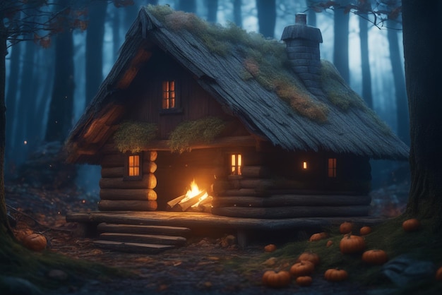 Spooky hut in dark forest illuminated firewood backgroundlog cabin in the snowy forest night