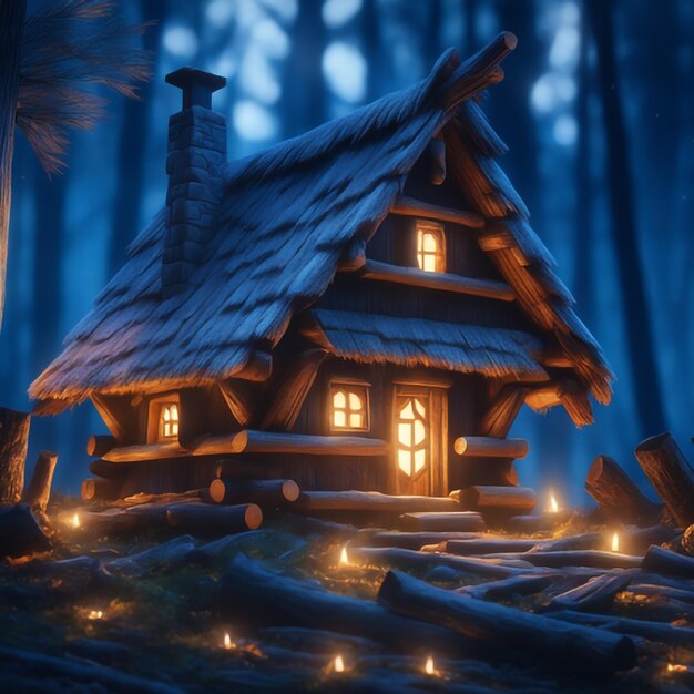 Spooky hut in dark forest illuminated firewood backgroundlog cabin in the snowy forest night