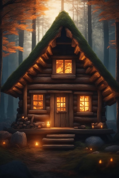 Photo spooky hut in dark forest illuminated firewood backgroundlog cabin in the snowy forest night