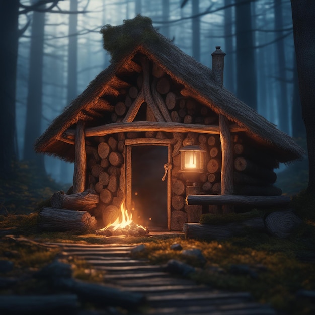 Photo spooky hut in dark forest illuminated firewood backgroundlog cabin in the snowy forest night