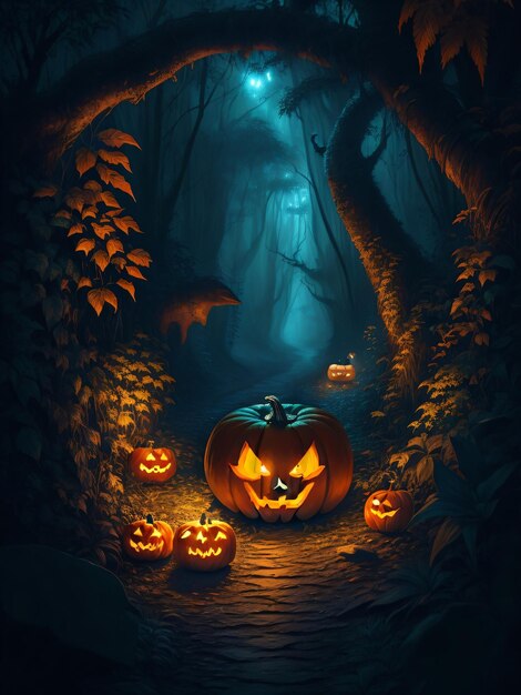 Spooky Jack O Lantern in Deep Forest