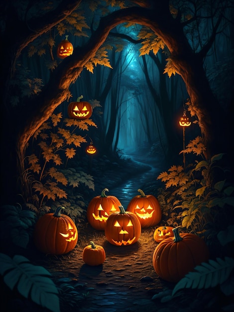 Spooky jack o lantern spirit in deep forest