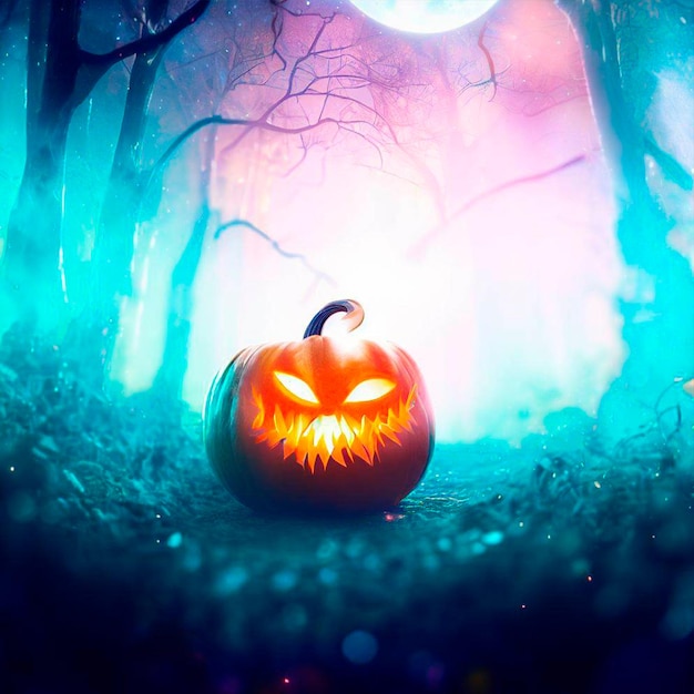 Spooky jackolantern in a magical glowing forest with a bright glowing moon in the background