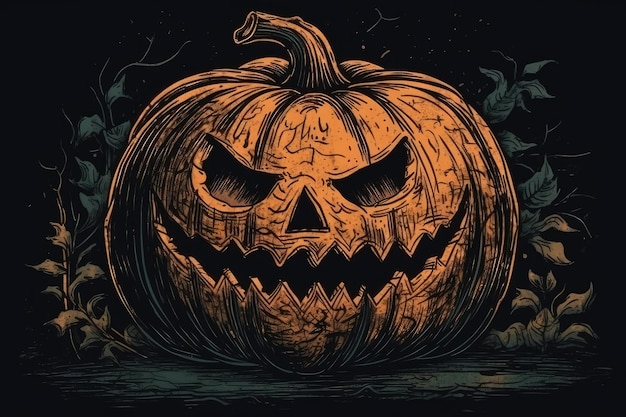 Spooky jackolantern with a menacing expression carved into it Generative AI