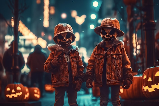 Страшные дети, одетые на Хэллоуин, созданные с помощью генеративной технологии искусственного интеллекта.