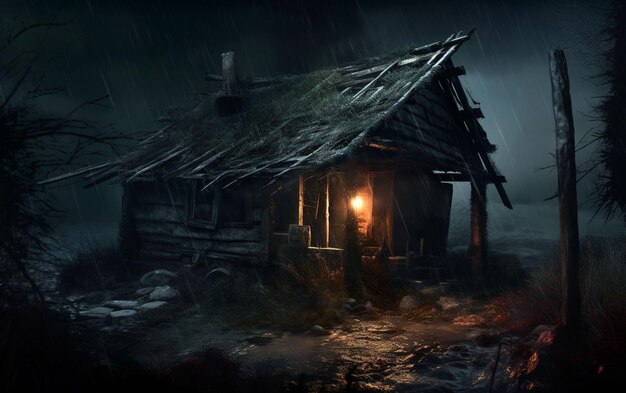 Foto una casa di legno inquietante nella foresta buia
