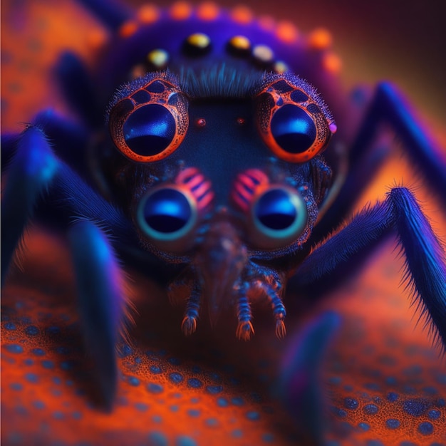 A Spooky macro arachnid crawls close up in focus colorful midnight