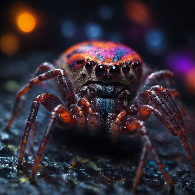 Жуткий макро паукообразный ползает близко в фокусе красочной полуночи