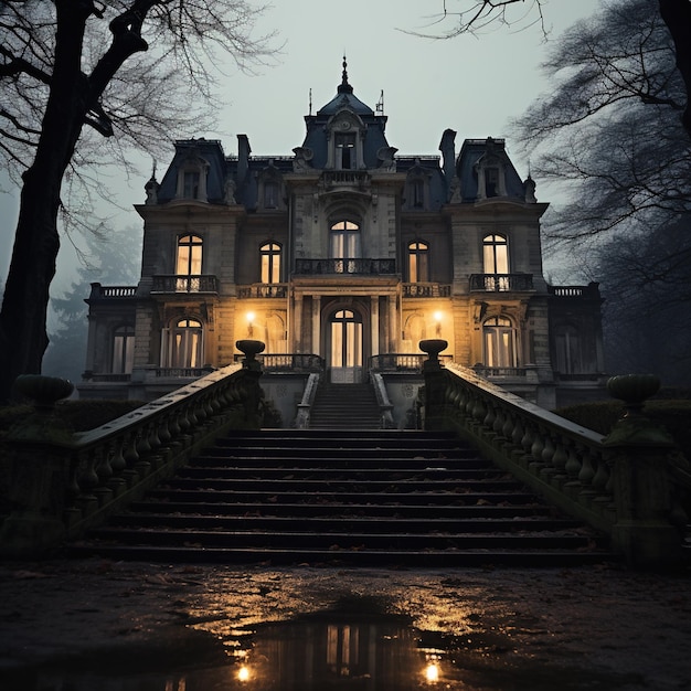 A spooky mansion with a long staircase leading up to it