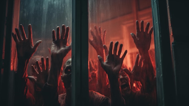 Spooky many zombie hands outside the window red glow