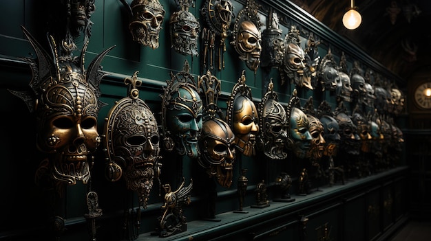 Spooky mask shop variety of terrifying and whimsical disguises eerie atmosphere