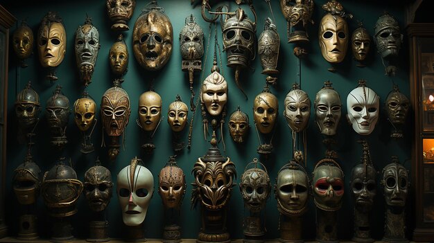 Photo spooky mask shop variety of terrifying and whimsical disguises eerie atmosphere