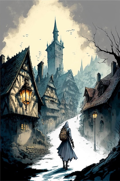 spooky medieval fantasy, line art, watercolor,town