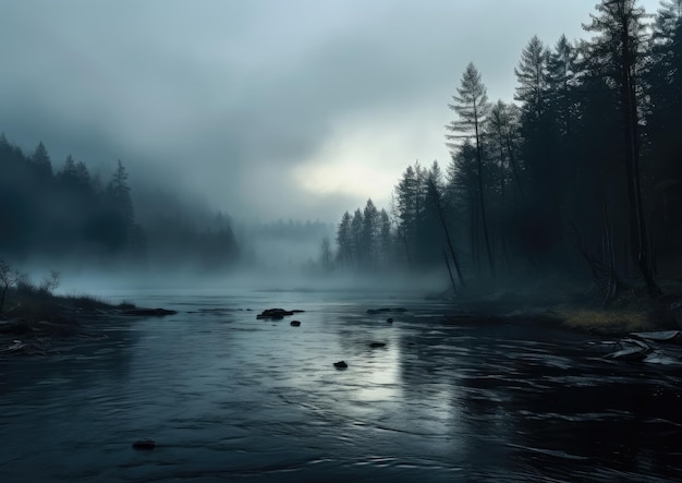 Spooky mist rolling in over a creepy lake