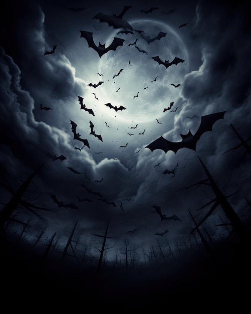 Spooky moon in cloudy sky with bats Halloween night